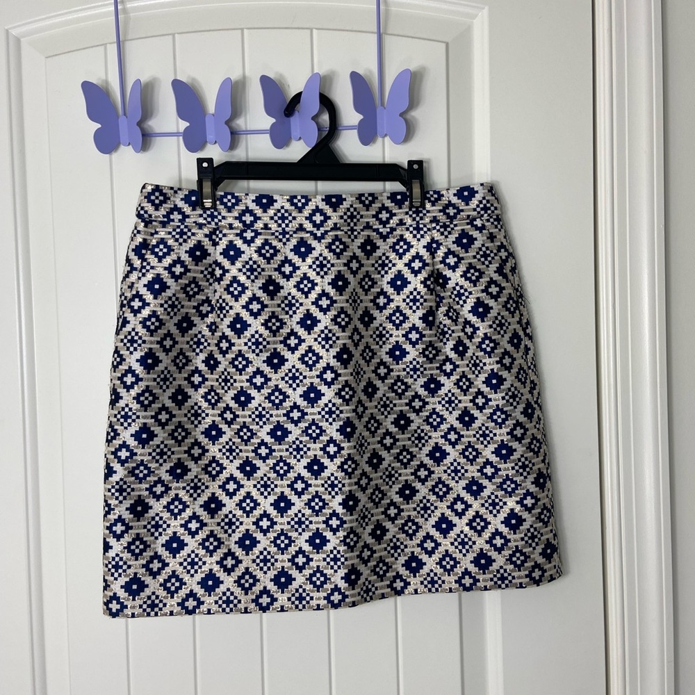 NWOT J. Crew women’s navy white gold metallic geometric lined zip mini skirt 4